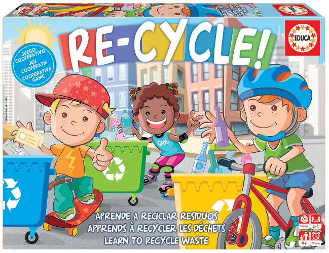 Jeu RE-CYCLE - Educa - 4 ans et plus - Apprends à recycler les déchets.  Un jeu coopératif simple où vous apprenez à recycler les déchets tout en vous amusant - Devant de la boîte