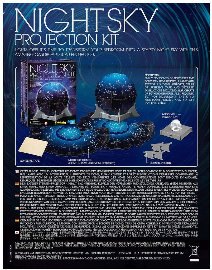 Kit de Projection Ciel Nocturne - Playwell - 4M - 8 ans et plus - Dômes de projection pour les hémisphères nord et sud, source lumineuse et cartes stellaires - Dos de la boîte