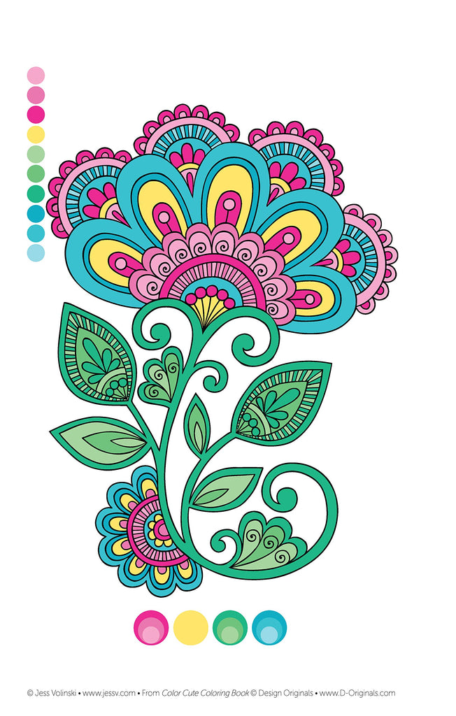 Mandalas Color Cute - Design Originals - 64 pages - Exemple d'une page intérieure  avec suggestions de couleurs