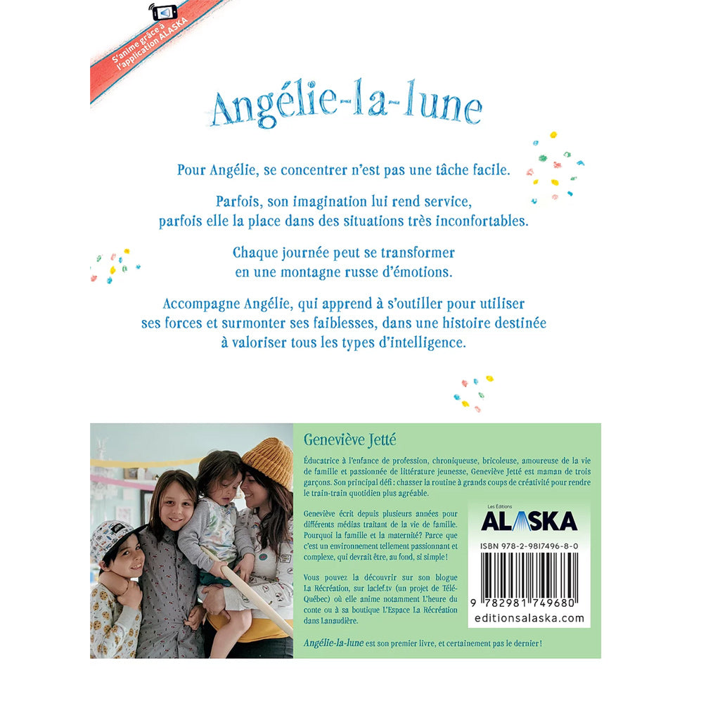 Livre animé - Angélie la lune - Pour Angélie, se concentrer n’est pas une tâche facile - Les Éditions Alaska - Jaquette arrière