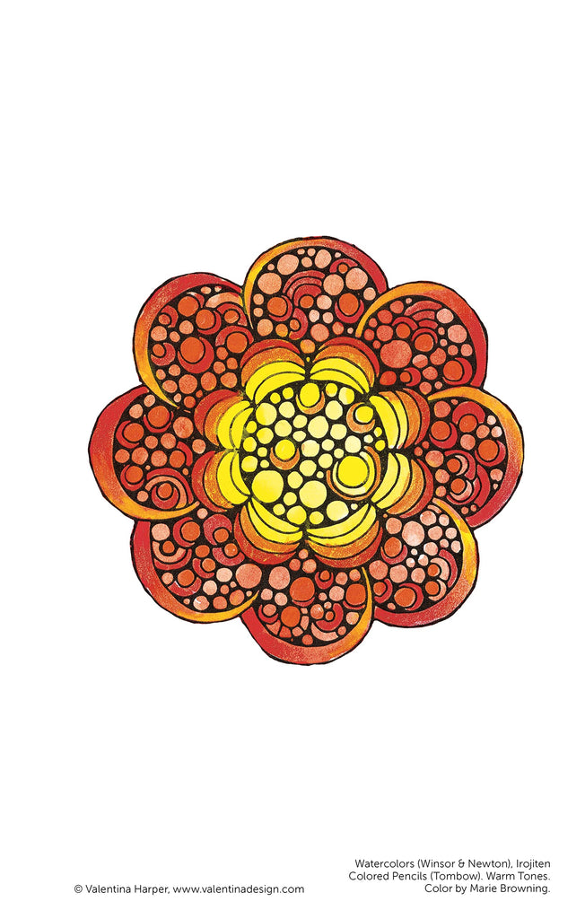 Mandalas Color Zen - Design Originals - 64 pages - Exemple d'une page intérieure avec des suggestions de couleurs