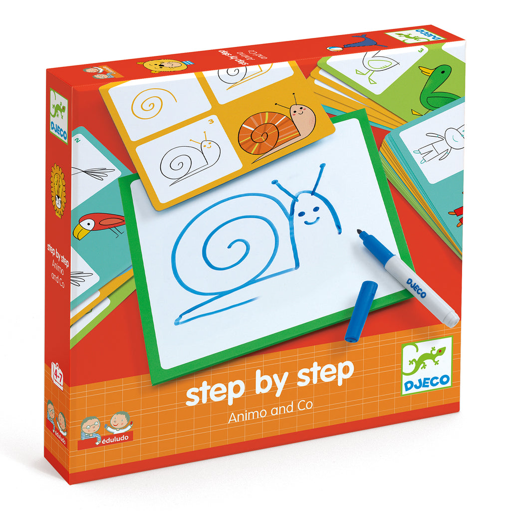Eduludo - Step by step - Animaux - Djeco - 4 ans et plus - Apprend à dessiner les animaux en réalisant des dessins étape par étape - Devant de la boîte