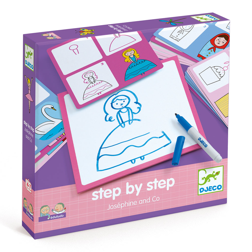 Eduludo - Step by step - Joséphine - Djeco - 4 ans et plus - Apprend à dessiner Joséphine en réalisant des dessins étape par étape - Devant de la boîte