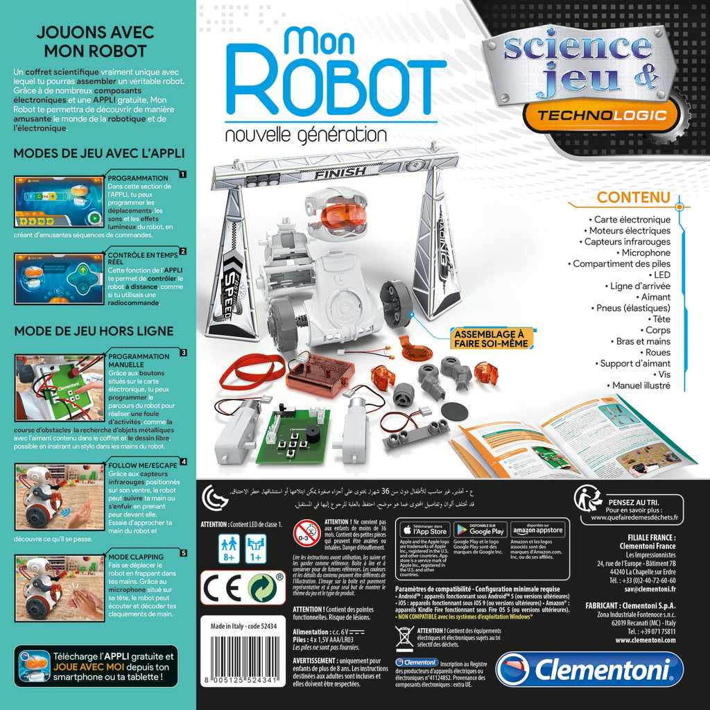 Mon robot - Nouvelle génération - Clementoni - Un robot à assembler, avec 5 modes de jeu et une application gratuite pour des activités de programmation et de contrôle en temps réel - Arrière de la boîte