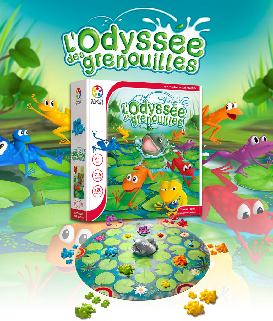 L'Odyssée des Grenouilles - Smart Games - Amène ta famille de grenouilles de l'autre côté de l'étang sans te faire dévorer par le poisson - Affiche publicitaire