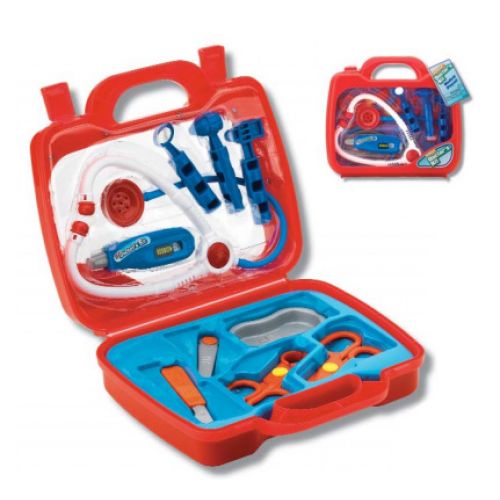 Trousse médicale - Playwell - 3 ans et plus - Comprend stéthoscope, un thermomètre, un scalpel, des ciseaux et plus dans une mallette  rouge - trousse fermée et trousse ouverte