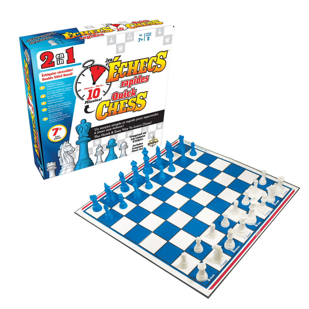 Jeu d'échecs rapides - Gladius - 7 ans et plus - Différents niveaux de jeu pour apprendre graduellement le jeu - Échiquier réversible - Devant de la boîte et échiquier avec les pions