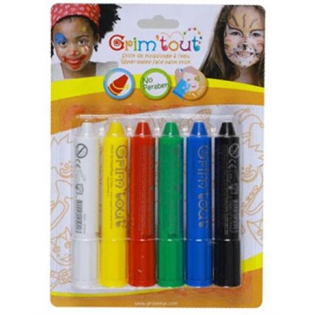 Crayons de maquillage Grim'Sticks sans paraben  6 crayons couleurs primaires: Blanc, bleu, jaune, rouge, vert et noir