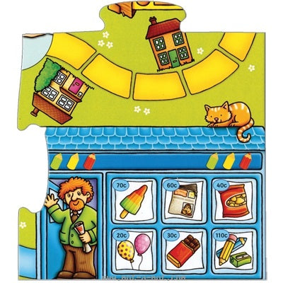 Je fais les courses - Orchard Toys - 5 ans et plus - Le jeu consiste à se déplacer de magasin en magasin pour acheter une foules d'articles avec de l'argent factice - Façon ludique d'apprendre à compter l'argent et à rendre la monnaie - Pièce de casse-tête formant le plateau de jeu