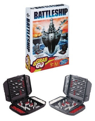 Le jeu Bataille navale classique en format voyage Grab & Go - Hasbro - 7 ans et plus - Devant de la boîte et deux modules de jeu