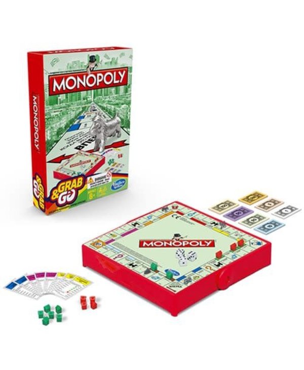 Le jeu Monopoly classique en format voyage Grab & Go - Hasbro - 8 ans et plus - Devant de la boîte et contenu de la boîe
