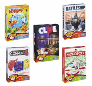 Grab & Go - 5 jeux classiques - Hasbro - Connect 4 - Clue - Bataille navale - Monopoly - Hippo l'affamé