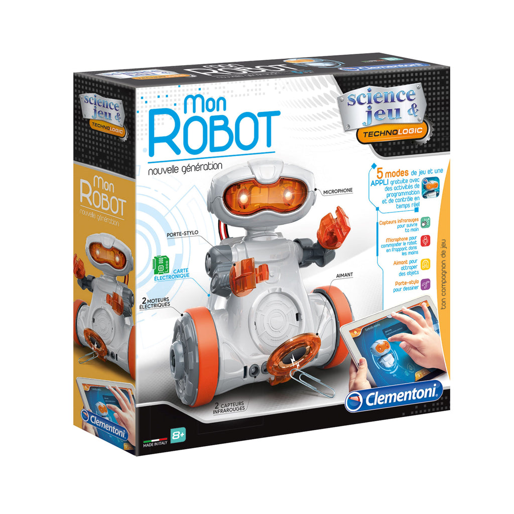 Mon robot - Nouvelle génération - Clementoni - Un robot à assembler, avec 5 modes de jeu et une application gratuite pour des activités de programmation et de contrôle en temps réel - Devant de la boîte