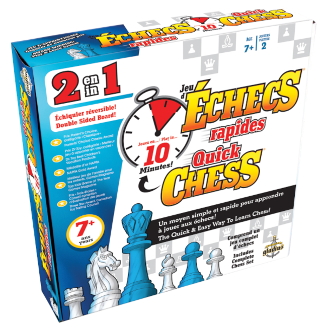 Jeu d'échecs rapides - Gladius - 7 ans et plus - Différents niveaux de jeu pour apprendre graduellement le jeu - Échiquier réversible - Devant de la boîte